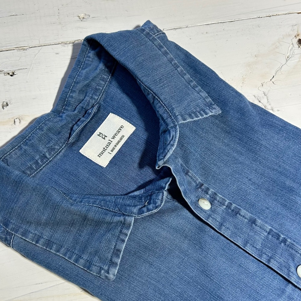 Mutual Weave Mens Denim Short Sleeve Button Down Shirt Blue Large L Pocket